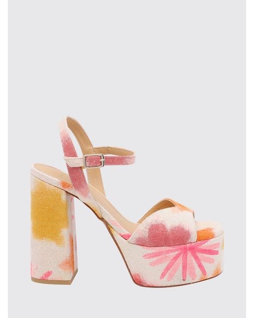 Castaner Pink Floral Print Linen Platform Sandals With High Block Heel And Ankle Strap