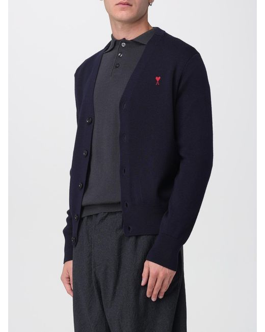 AMI Blue Merino Wool Cardigan With Embroidered Logo for men