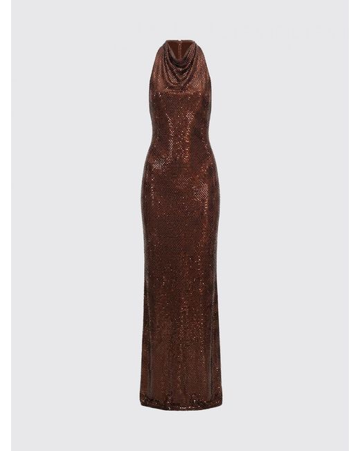 Self-Portrait Brown Rhinestone-Embellished Halterneck Long Evening Gown