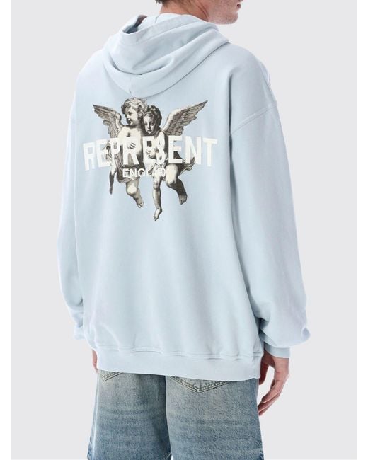 Represent Blue Cotton Hooded Sweatshirt With Print for men