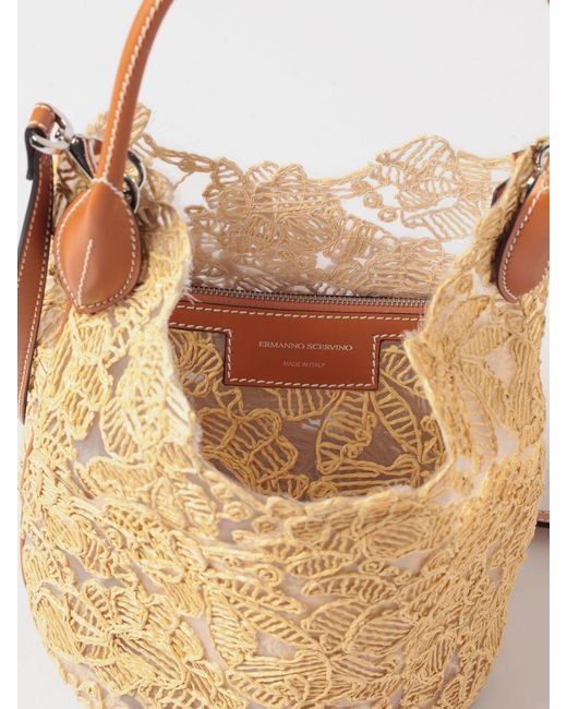 Ermanno Scervino Natural Embroidered Floral Motif Mesh Nylon And Raffia Bag