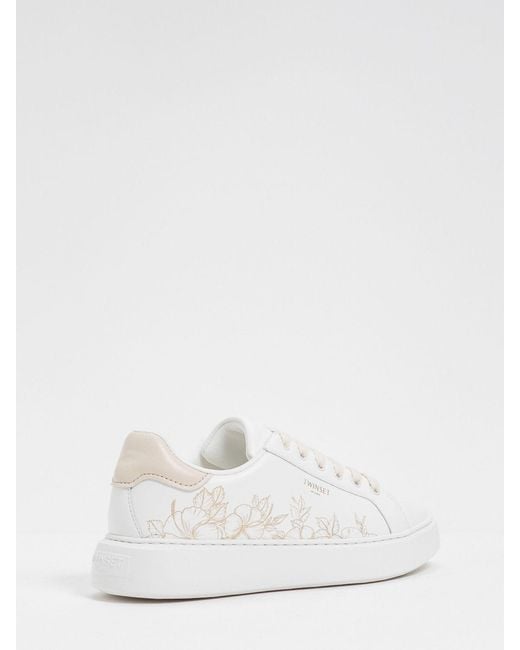 Twinset White Low Top Smooth Leather Sneakers With Floral Details And Lettering Logo