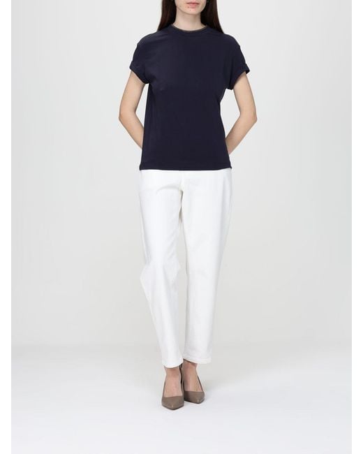 Brunello Cucinelli Blue Basic Cotton T-Shirt With Monile