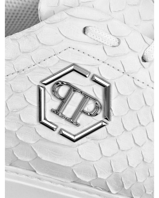 Philipp Plein White Python Print Leather Sneakers With Hexagon for men