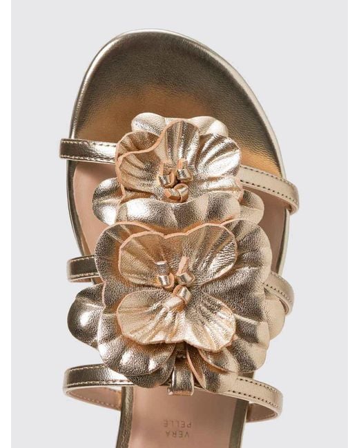 Twinset Metallic Laminated Leather Slide Sandals With Flower Appliqué And Low Heel