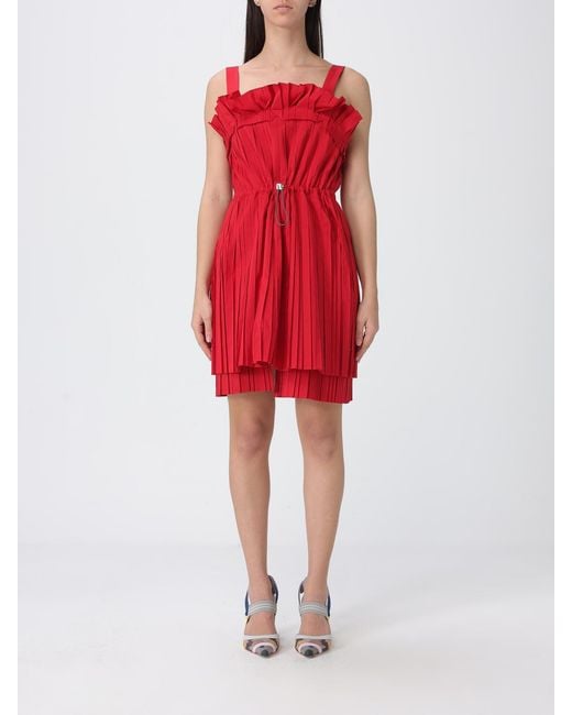 Fendi Red Pleated Cotton Mini Dress