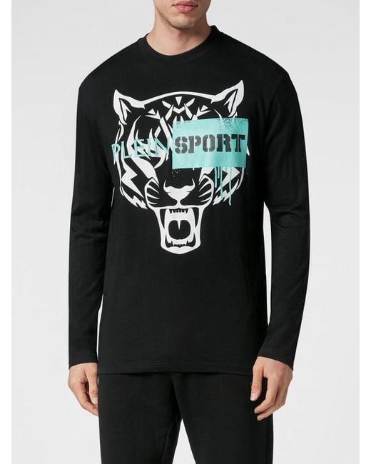 Philipp Plein Black Slim Fit Long-Sleeved Cotton T-Shirt With Graphic Print for men