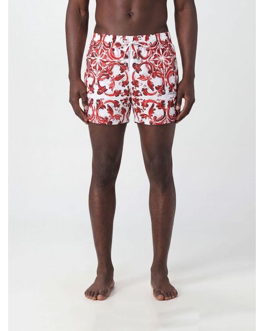 Dolce & Gabbana Red Dolce &Amp Gabbana Majolica Print Boxer Swim Shorts With Logo Waistband for men