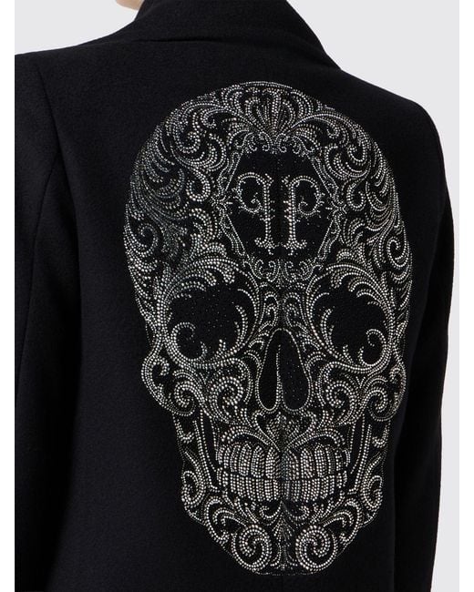 Philipp Plein Black Long Double-Breasted Wool Coat With Skull Print And Crystals