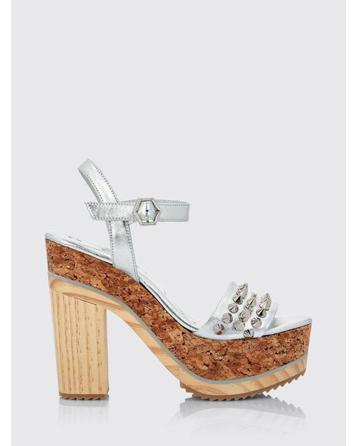 Philipp Plein White Studded Laminated Leather High-Heel Platform Sandals
