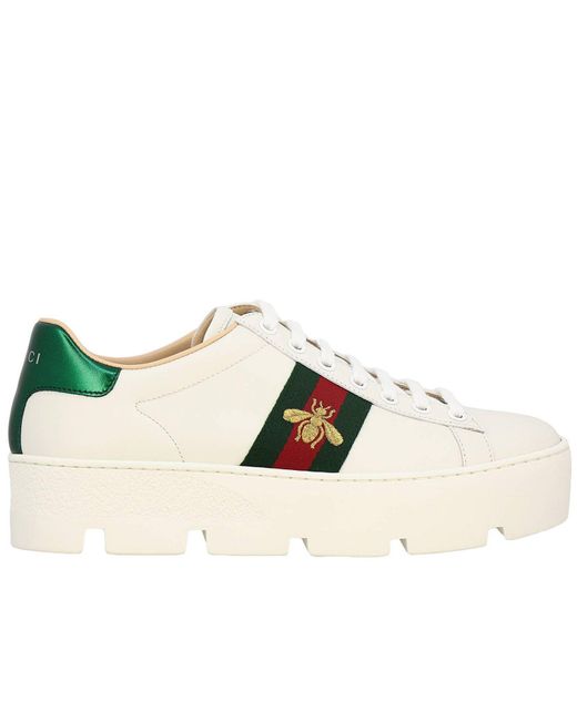 Gucci White New Ace Platform Sneakers In Smooth Leather With Web Bands And Lurex Bee Embroidery
