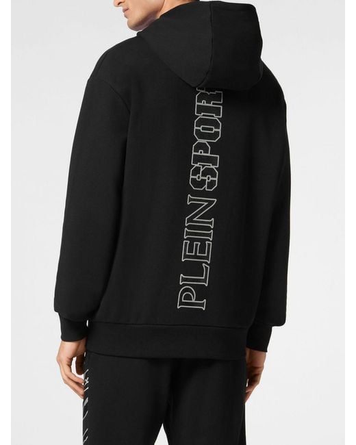 Philipp Plein Black Cotton Hoodie With Graphic Print And Hexagon Logo for men