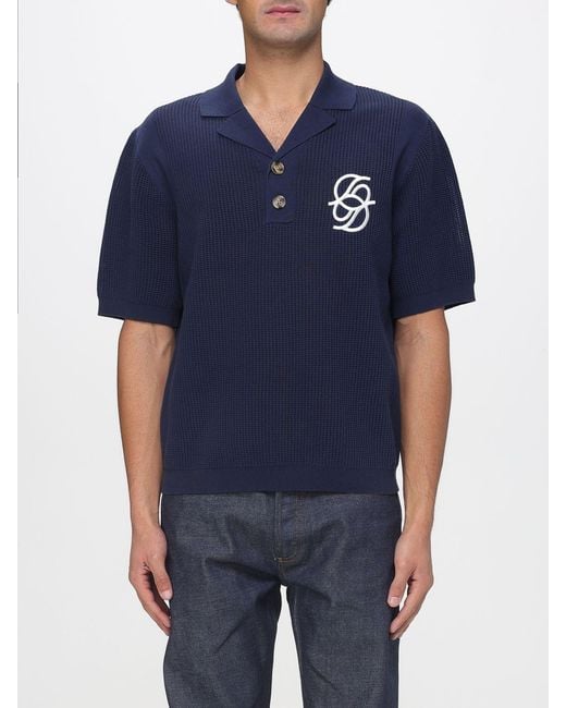 Drole de Monsieur Blue Cotton Knit Monogram Polo for men