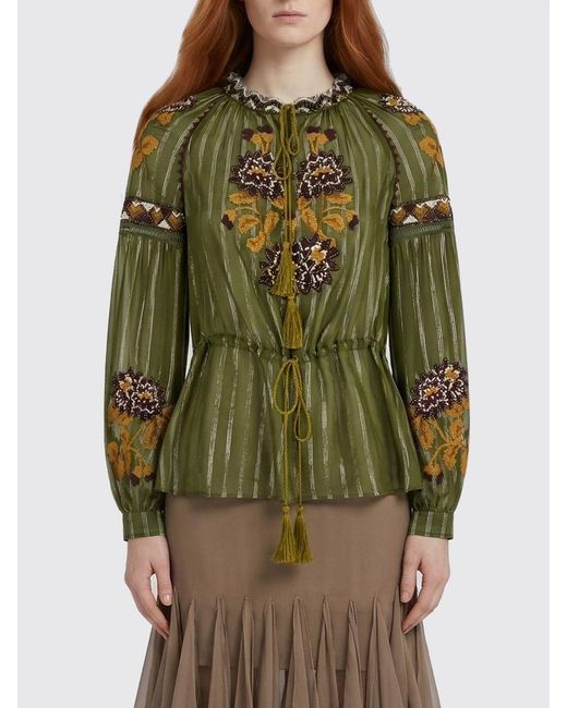 Valentino Green Silk Blouse With Lurex Thread Embroidery