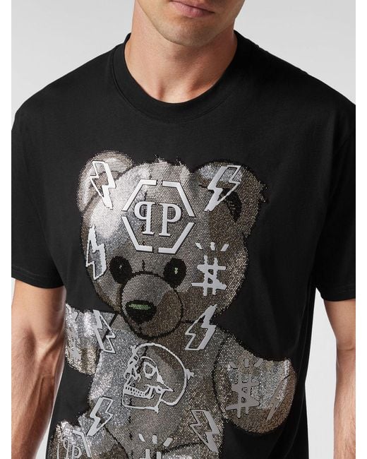 Philipp Plein Black Cotton T-Shirt With Teddy Bear Print, Monogram And Rhinestones for men