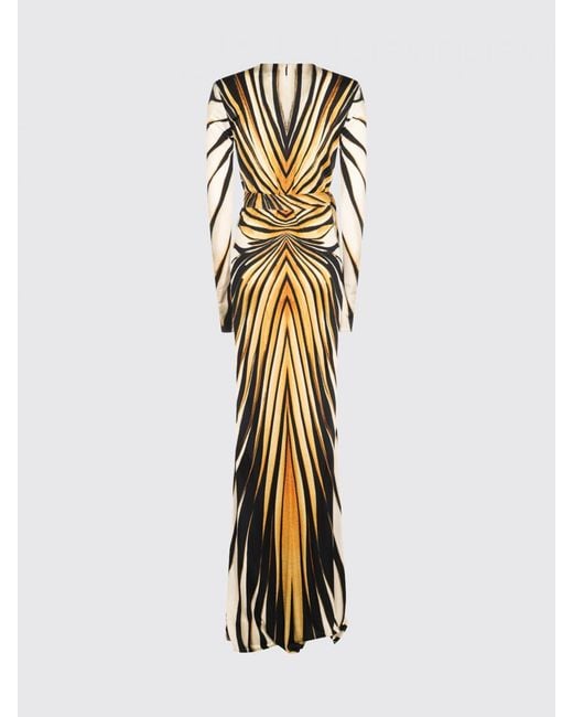 Roberto Cavalli Metallic Slim Fit Abstract Print Long-Sleeved Sheath Gown