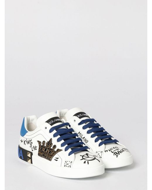 Dolce & Gabbana White Dolce &Amp Gabbana Portofino Leather Sneakers With Applications And Slogan for men
