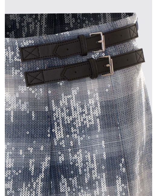 Pinko Blue Gongora Check Pleated Mini Skirt With Sequins And Side Buckle