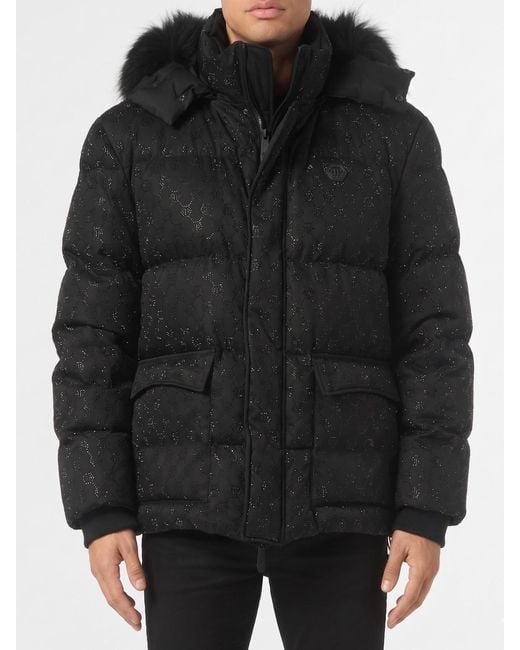 Philipp Plein Black Monogram Down Jacket With Rhinestones for men
