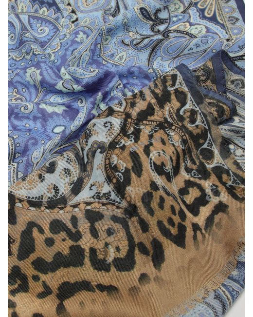 Etro Blue Paisley Animal Print Cotton Scarf for men