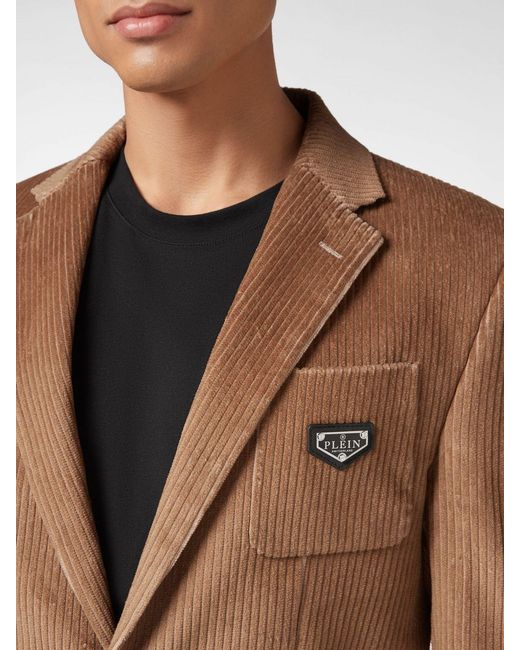 Philipp Plein Brown Single-Breasted Velvet Blazer With Peak Lapels And Patch Pockets for men