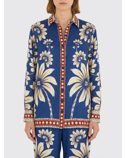 Farm Rio Blue Luna Floral Print Linen Blend Shirt