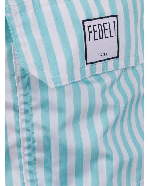 Fedeli Blue Bicolor Striped Polyester Swim Trunks for men