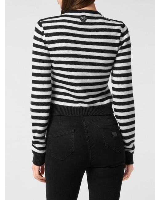 Philipp Plein Black Striped Cotton Crewneck Sweater With Teddy Bear Print