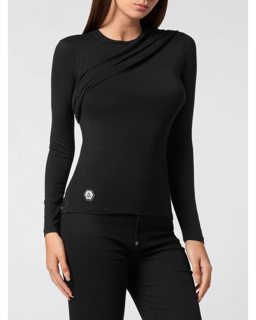 Philipp Plein Black Draped Long-Sleeved Modal Top With Ruched Shoulders