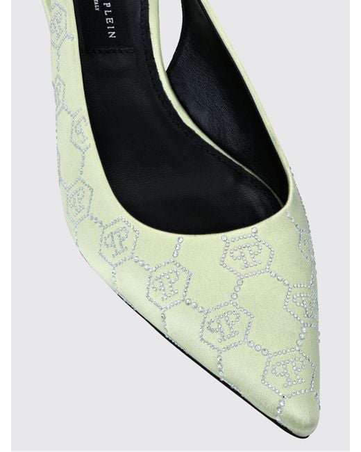 Philipp Plein White Satin Slingback Pumps With Hexagon Logo And Mid Heel