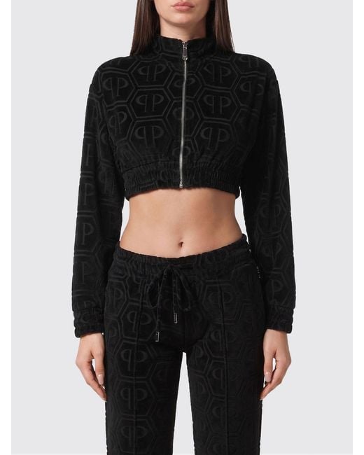 Philipp Plein Black Cotton Blend Cropped Sweatshirt