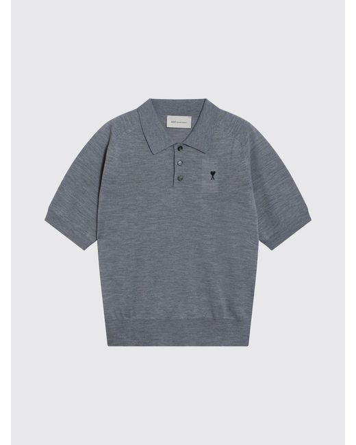 AMI Gray Knitted Wool Polo Shirt for men
