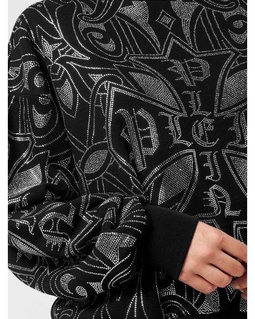 Philipp Plein Black Jersey Sweatshirt With Rhinestone Monogram And Dropped Shoulders