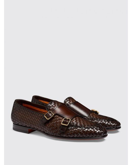 Santoni Brown Premium Leather Loafers With Woven Detail And Double Buckle Closure for men