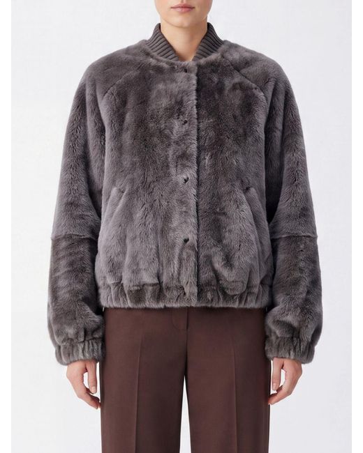 Brunello Cucinelli Gray Short Relaxed-Fit Fur Bomber Jacket With Dropped Shoulders