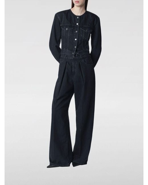 Haikure Blue Cropped Cotton Denim Jacket With Padded Shoulders