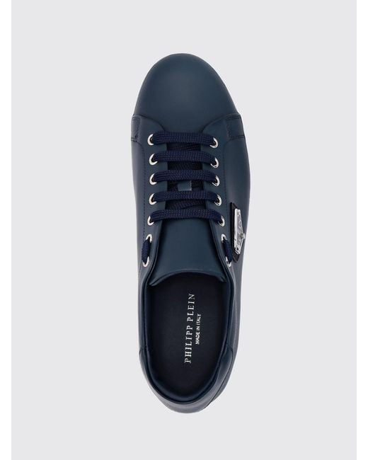 Philipp Plein Blue Smooth Leather Low-Top Sneakers With Applied Side Logo for men
