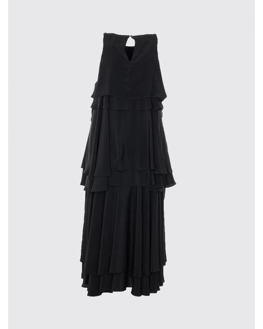AMI Black Silk Blend Long Dress With Ruffles