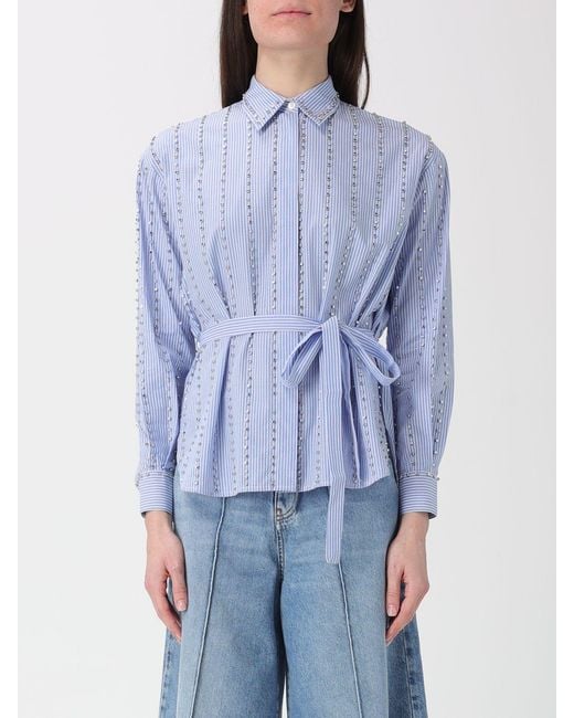 Pinko Blue Cotton Shirt With Rhinestones