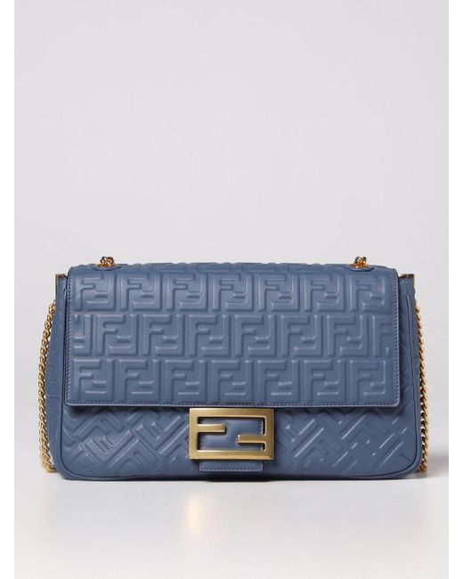Fendi Blue Baguette Bag In Nappa Leather With Embossed Ff Monogram