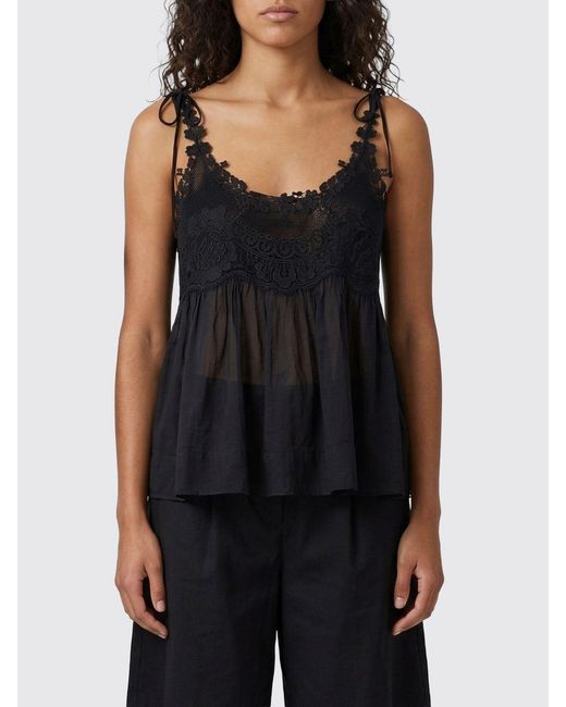 Twinset Black Cotton Top With Lace Inserts