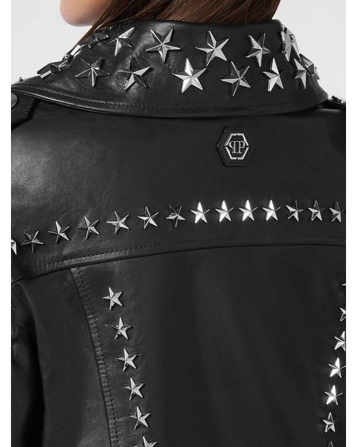 Philipp Plein Black Cropped Leather Biker Jacket With Studs And Stars
