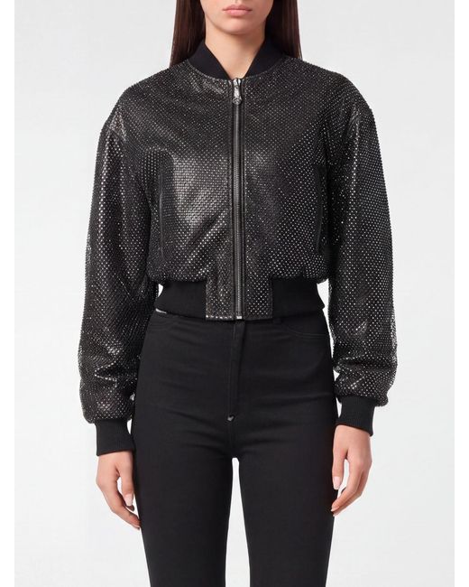 Philipp Plein Black All Over Crystal Nappa Crop Bomber