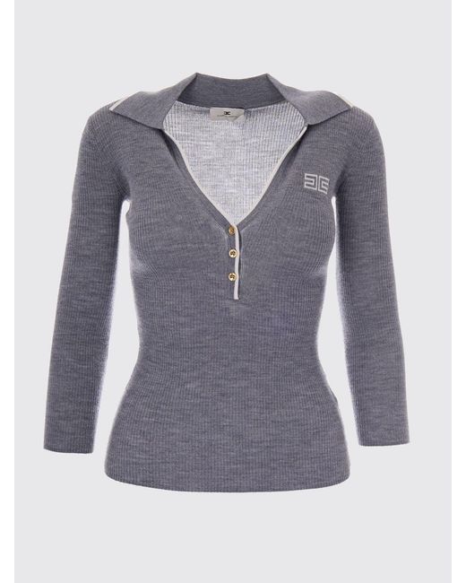 Elisabetta Franchi Blue Slim Fit Long-Sleeved Ribbed Knitted Polo Shirt