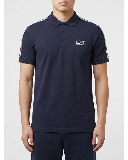 EA7 Blue Cotton Polo Shirt With Italia Print for men
