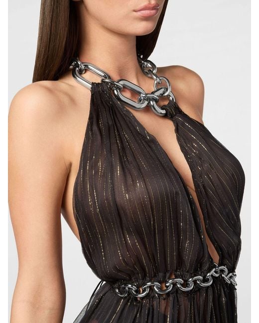 Philipp Plein Brown Long Chiffon Evening Gown With Halter Neck And Slit