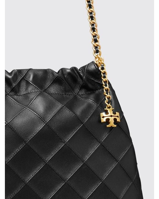 Tory Burch Black Fleming Quilted Lambskin Leather Shoulder Bag With Logo