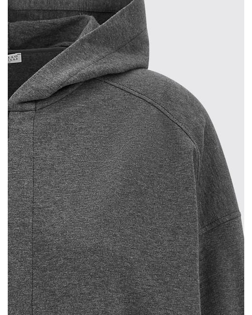 Brunello Cucinelli Gray Cotton Hooded Zip-Up Sweatshirt With Kangaroo Pocket