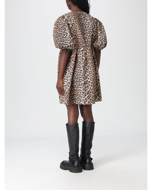 Ganni Natural Animal Print Cotton Shirt Dress