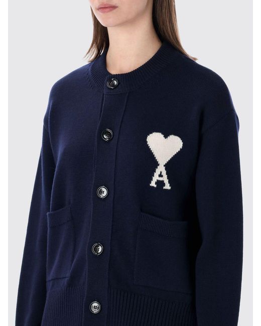 AMI Blue Wool And Cotton Logo Cardigan